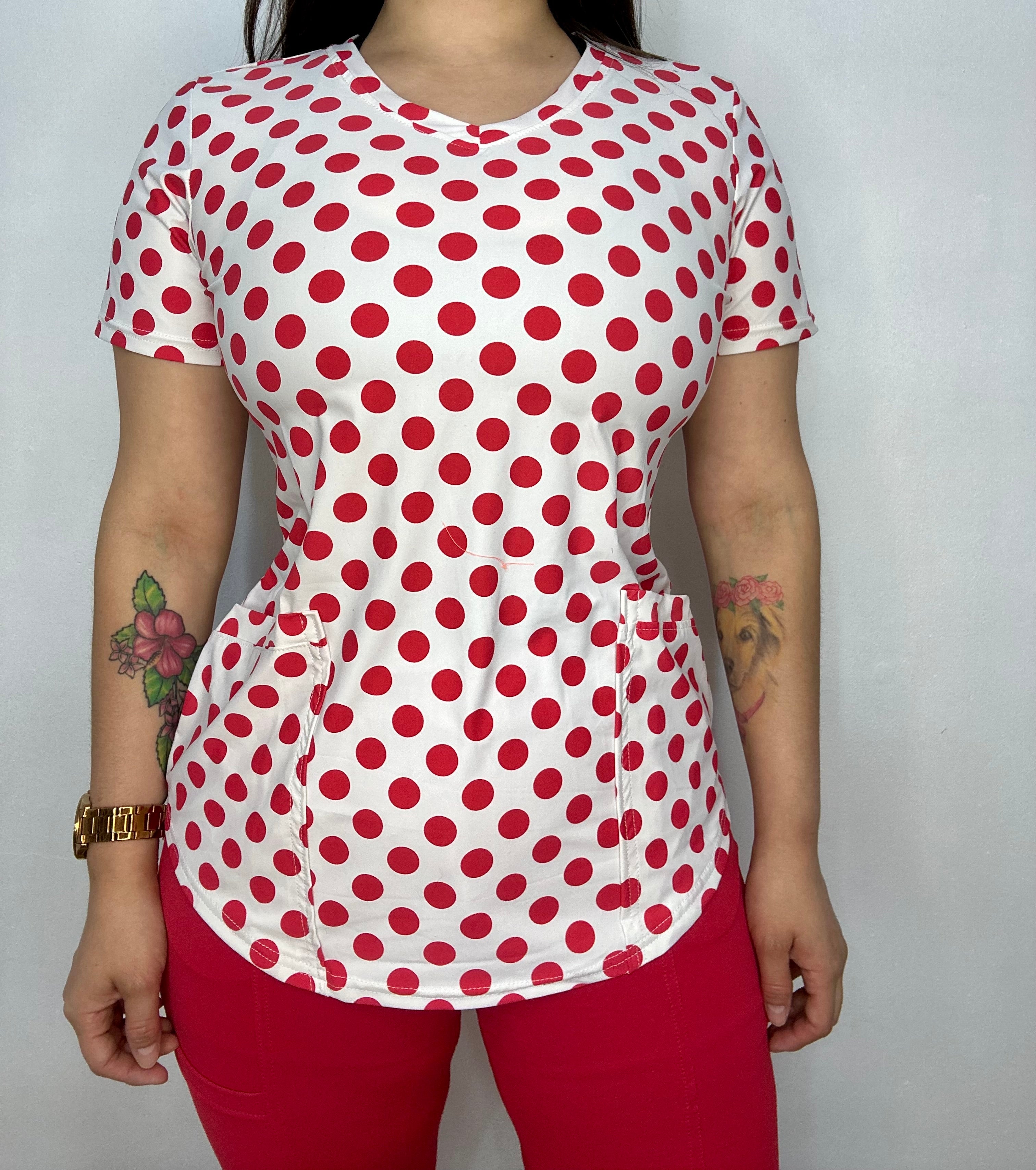 Polera Blanca Lunares Rojos