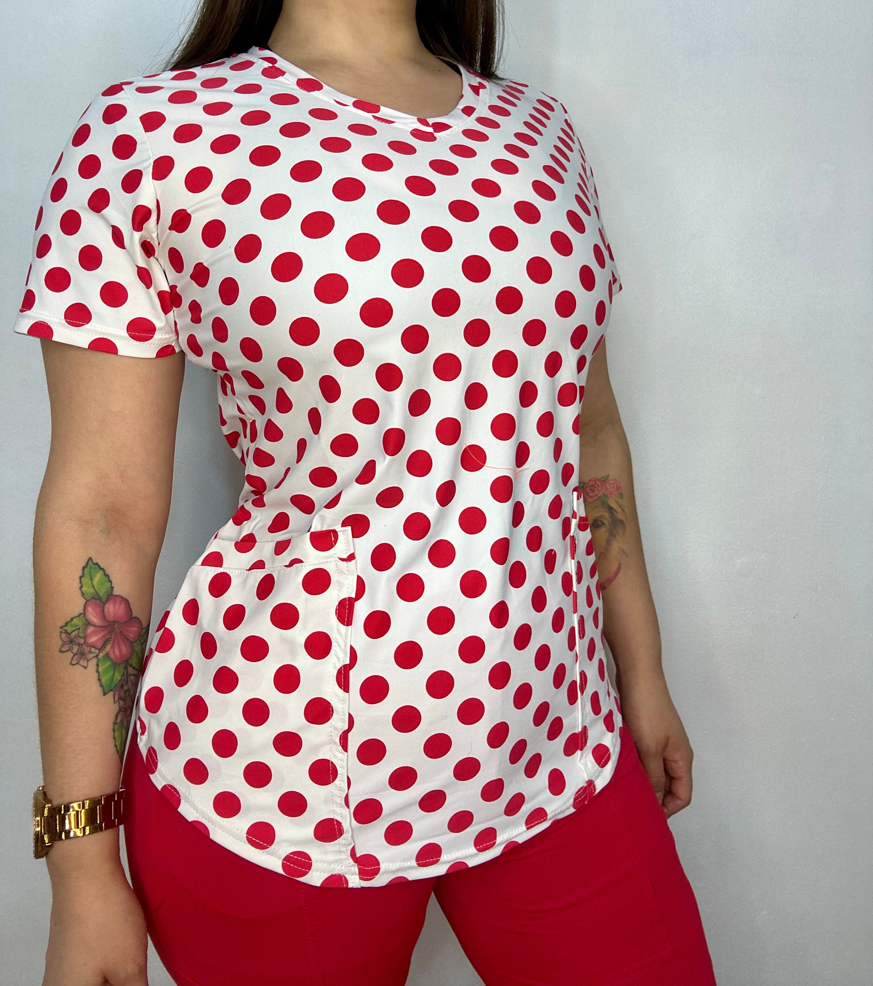 Polera Blanca Lunares Rojos